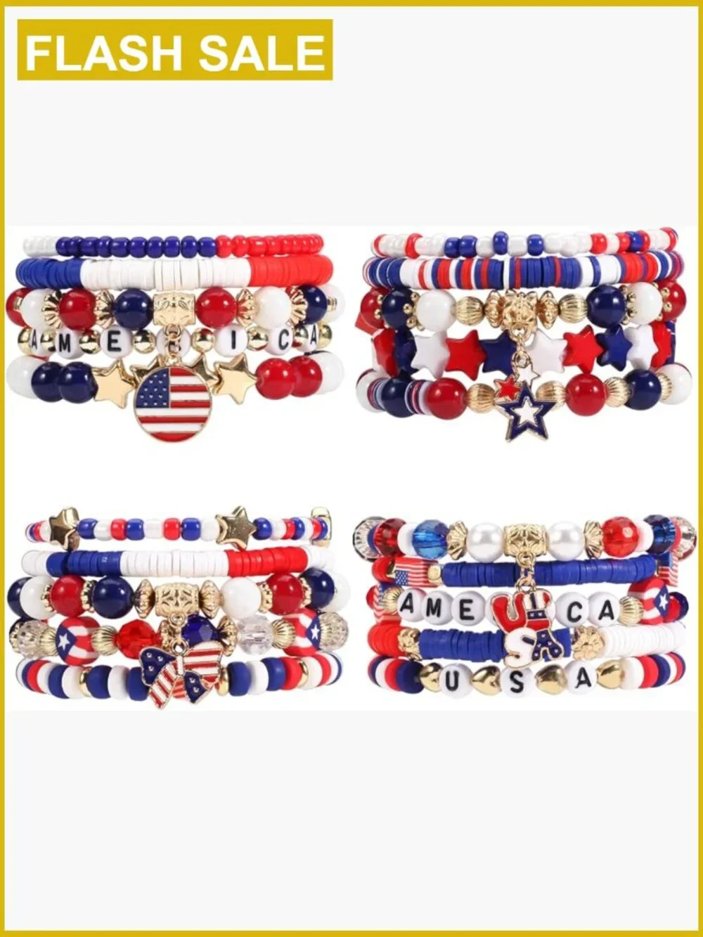 Stretch Multilayer Colorful Beaded Bracelet with Flag Charm 4th of July